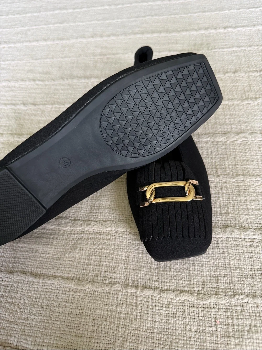 Black Women's Square-Toe Fringe Loafers with Gold Chain Accent
